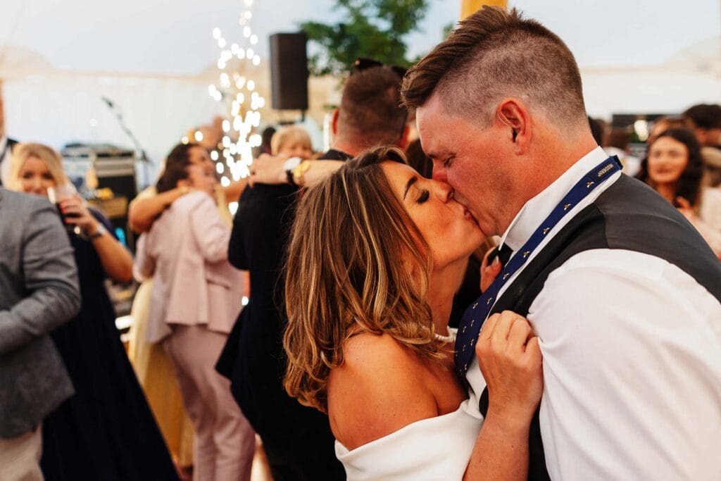 Couple dancing at a wedding reception.