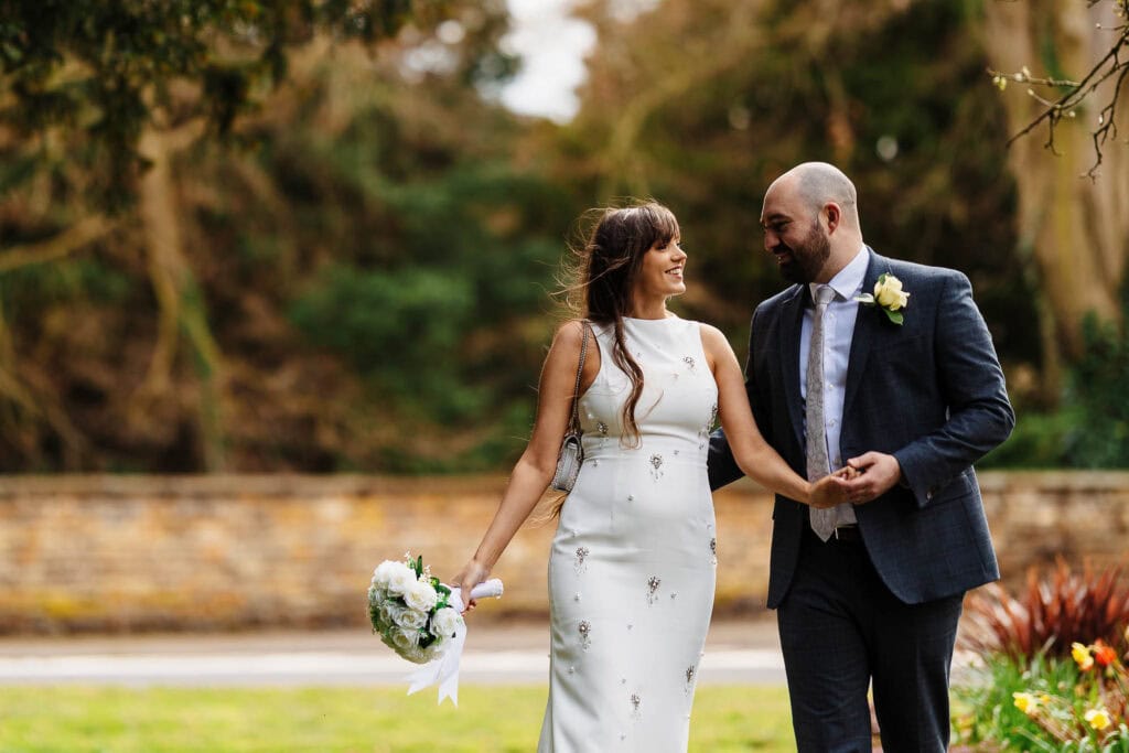 Elegant wedding couple portrait at Oakham Gardens, captured by BGS Weddings, showcasing professional wedding photography services in Oakham.